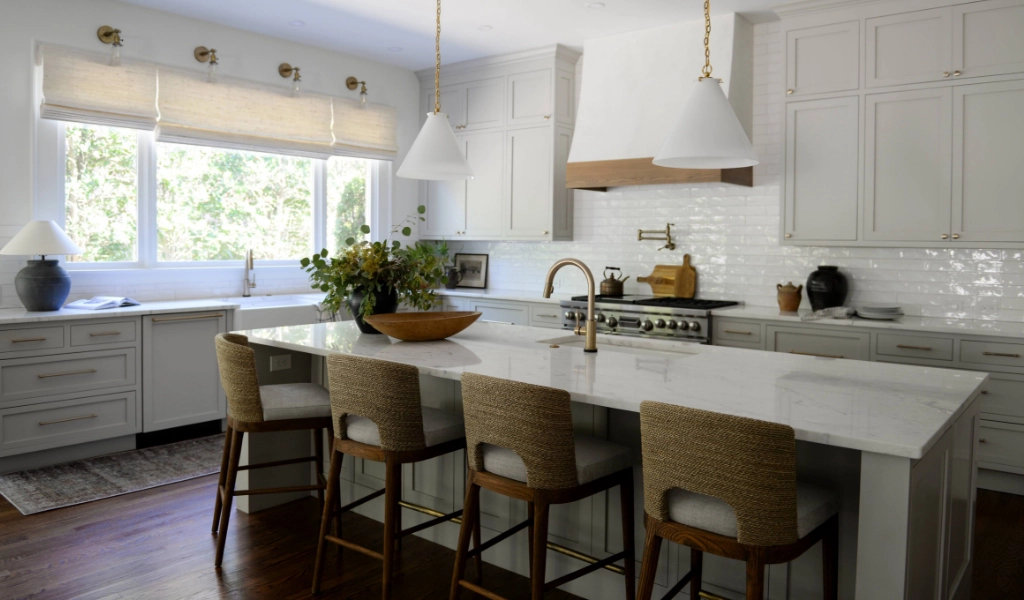 Open kitchen remodel with island and custom finishes