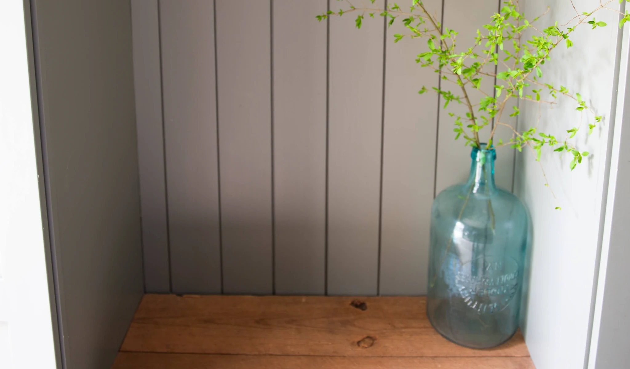 A blue vase with a plant in it sits on a wooden shelf.