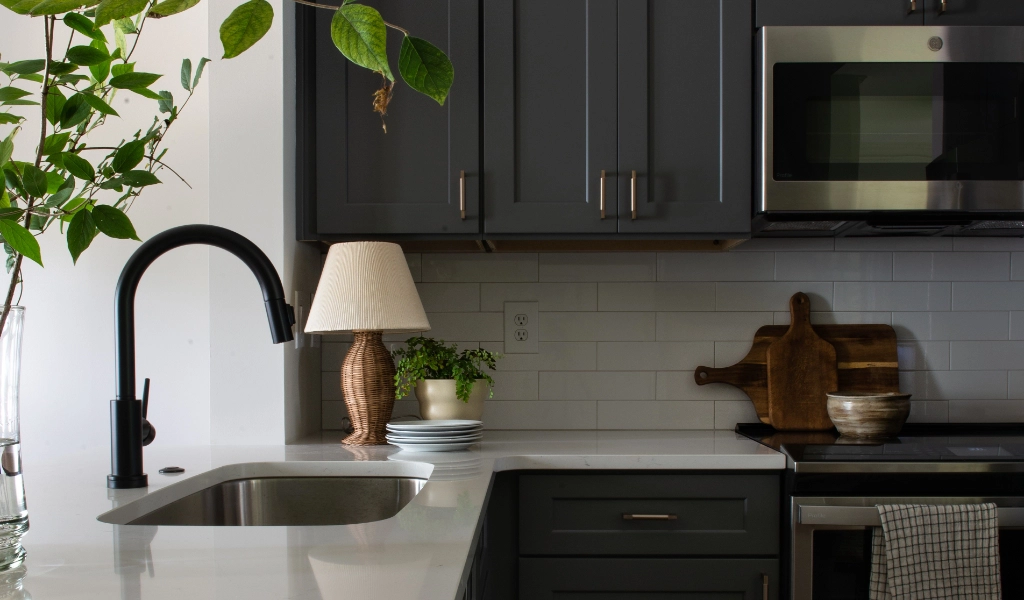 A kitchen with gray cabinets and a potted plant in a new home construction.