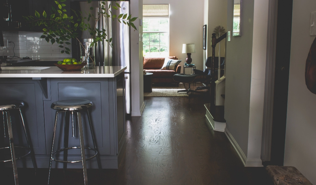 A wooden floor in a new kitchen.