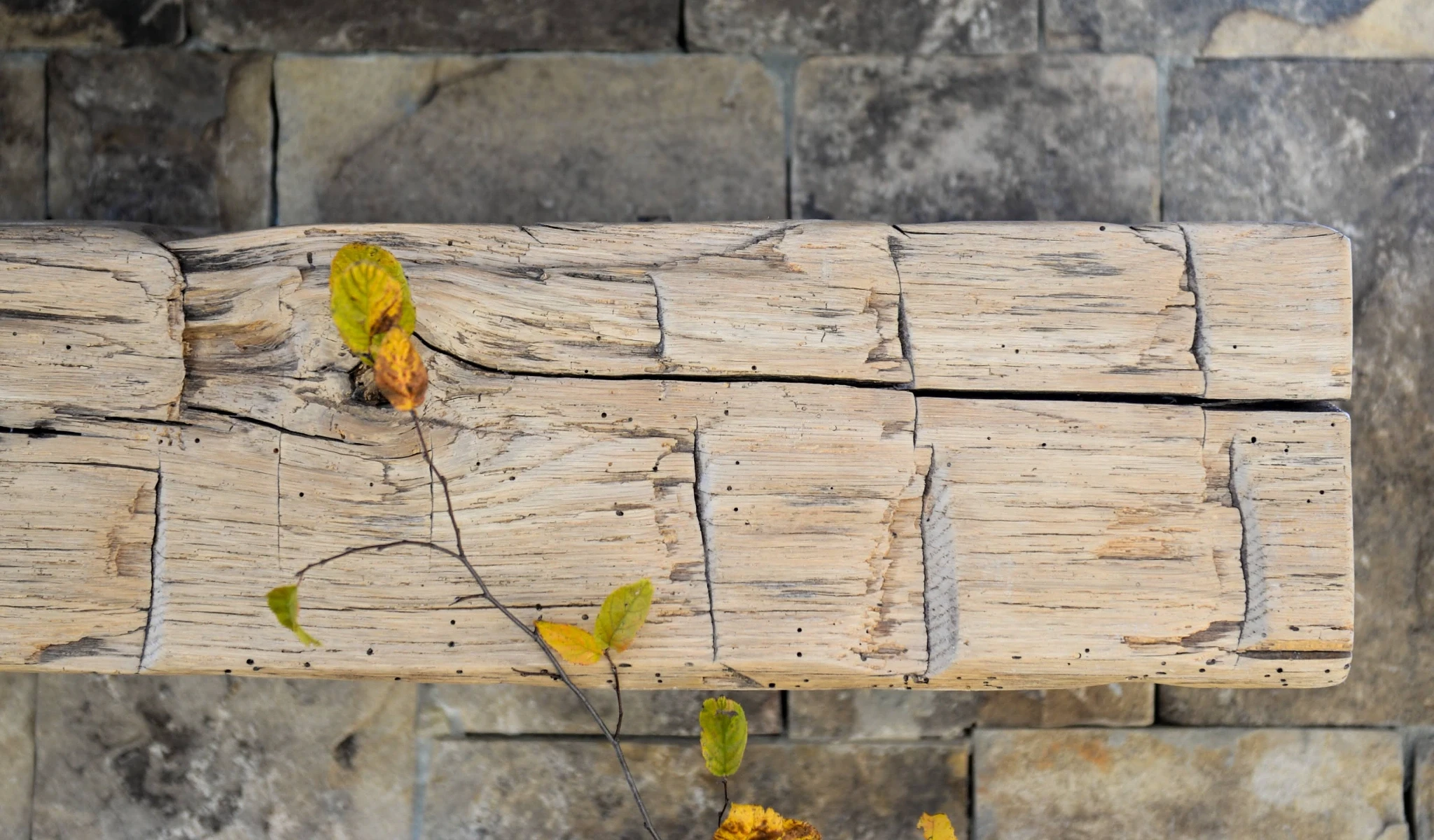 A wooden detail on a stone wall.