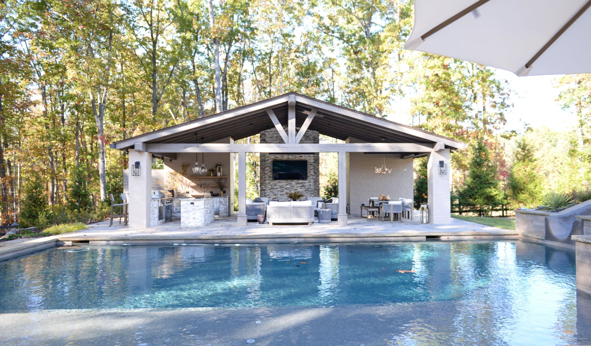 A backyard with a pool and patio furniture.