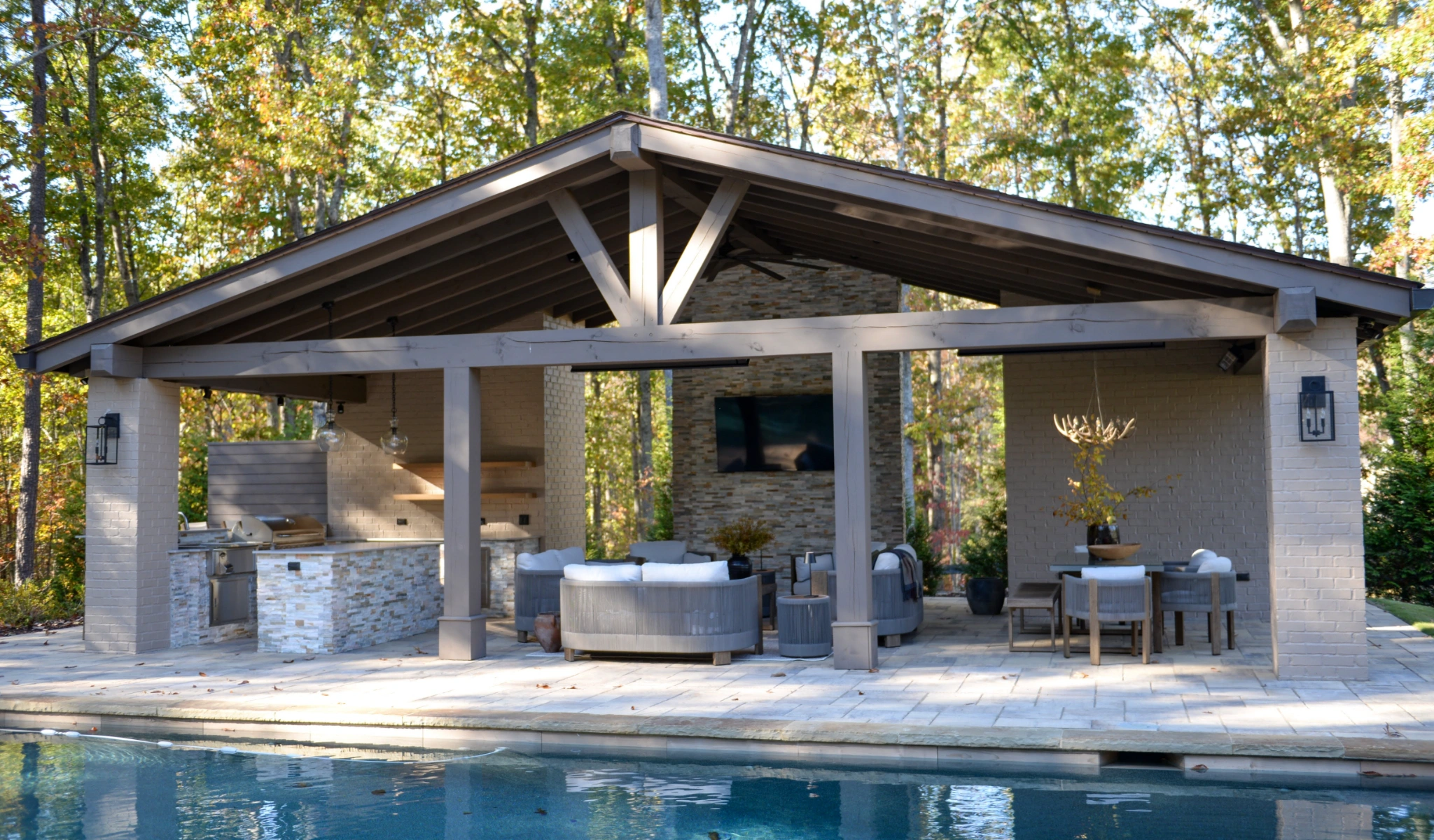 An outdoor living area featuring a pool and patio.